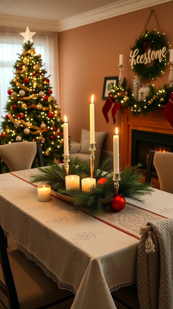 Elegant Christmas table setting with candles, greenery, and ornaments in a cozy living room.